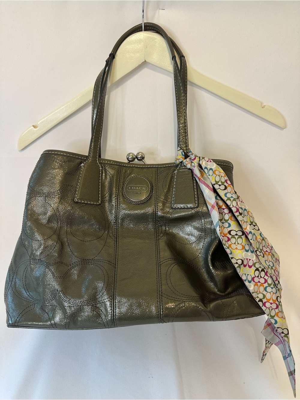 Coach Olive Green Leather Shoulder Tote with Scarf Detail